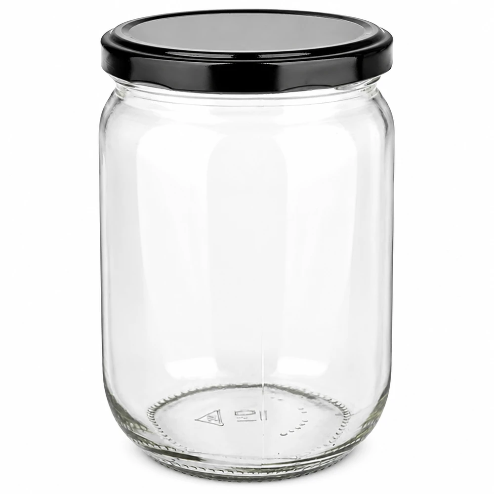 555 ml ronde glazen pot + BasicSeal-deksel, zwart, UNiTWIST Doorzichtig inmaakglas van 555 milliliter met zwarte UniTwist-draaidop