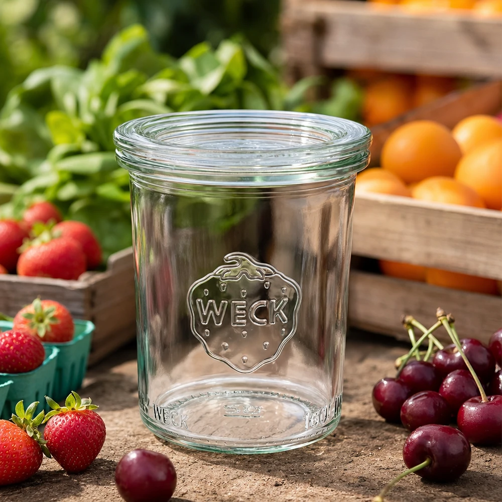WECK RR60-pot van 160 ml met glazen deksel WECK RR60 160ml mason jar leeg op houten tafel met verse kersen, aardbeien en sinaasappels om in te leggen