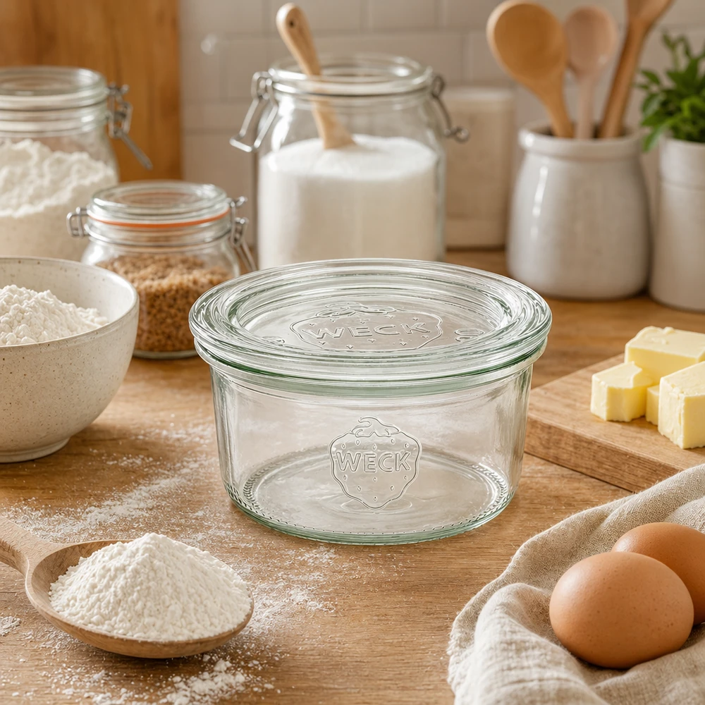 165ml stortglas met glazen deksel WECK RR80 WECK 165ml RR80 glazen pot leeg op houten plank omringd door bakingrediënten zoals bloem eieren boter in keuken