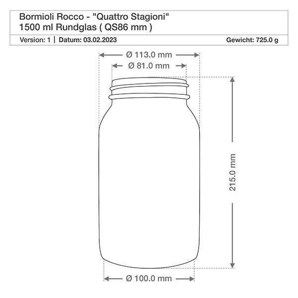 2000 ml rond glas "Quattro Stagioni" met deksel Technische tekening Bormioli Rocco Quattro Stagioni 1500ml ronde pot - Afmetingen en specificaties voor inmaakpot
