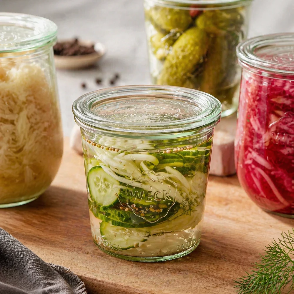 WECK tuimelpot 290ml RR80 met ingemaakte augurken en kruiden naast andere gevulde inmaakpotten op houten plank