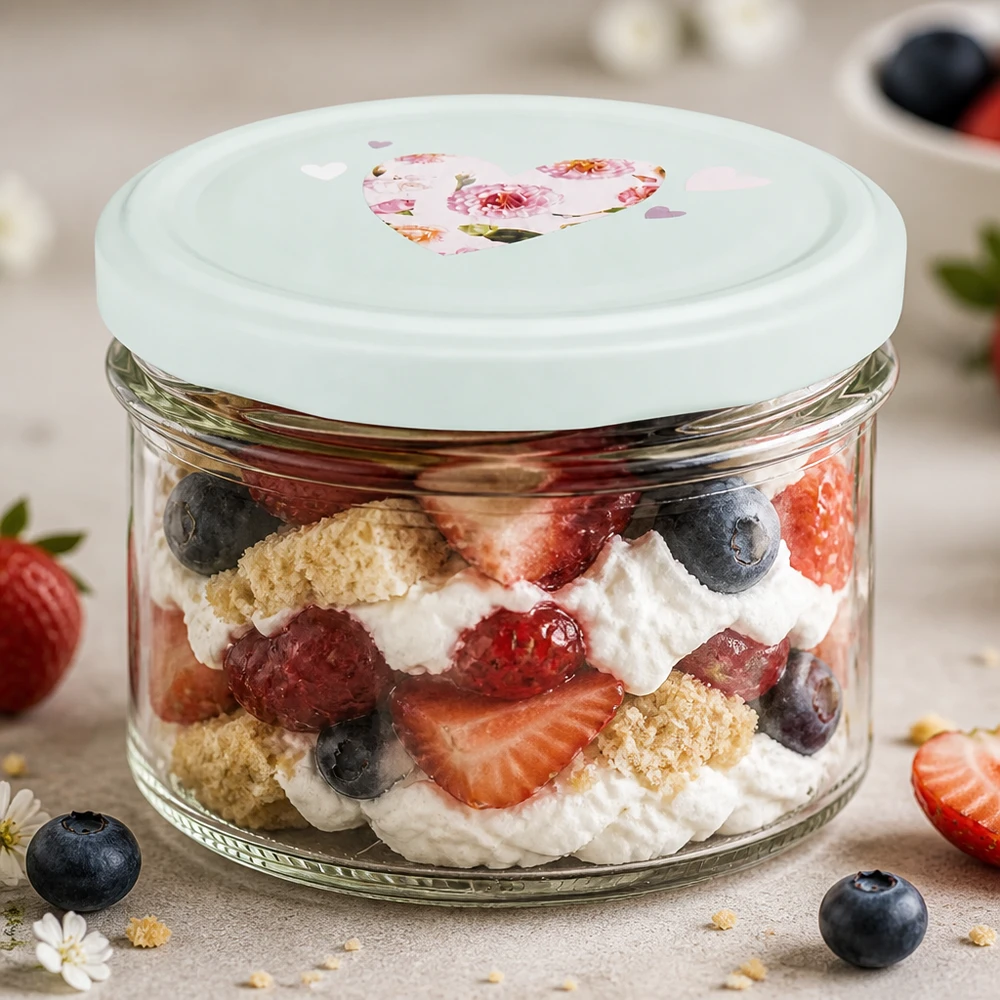 Een beker van 225 ml met een gelaagd dessert van bessen en room demonstreert de veelzijdigheid van het mint BasicSeal deksel