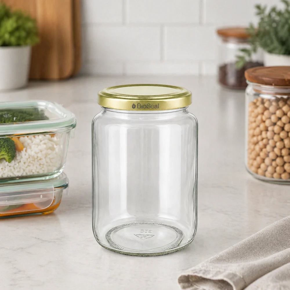 Honingpot 1000 g met gouden BioSeal UNiTWIST-deksel 1000g BioSeal honingpot leeg met gouden schroefdeksel op keukenblad naast voorraadpotten met kikkererwten