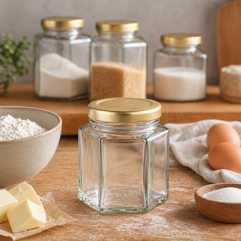Honingpot 60 g met gouden deksel BasicSeal UNiTWIST 60g honingpot zeshoekig leeg in keukenscène met bakingrediënten bloem eieren boter en voorraadpotten