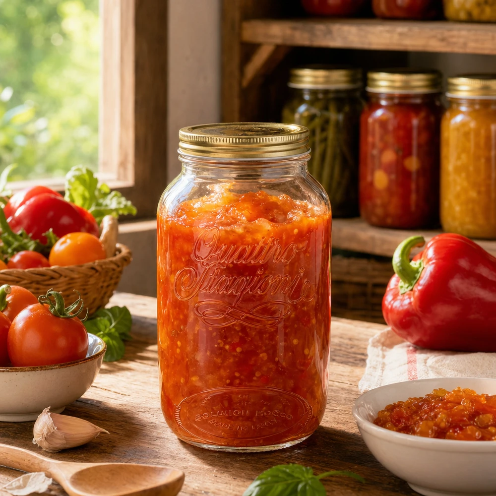 3800 ml rond glas "Quattro Stagioni" met deksel Quattro Stagioni 3800ml ronde pot gevuld met tomatensaus naast verse tomaten en paprika's Inmaken