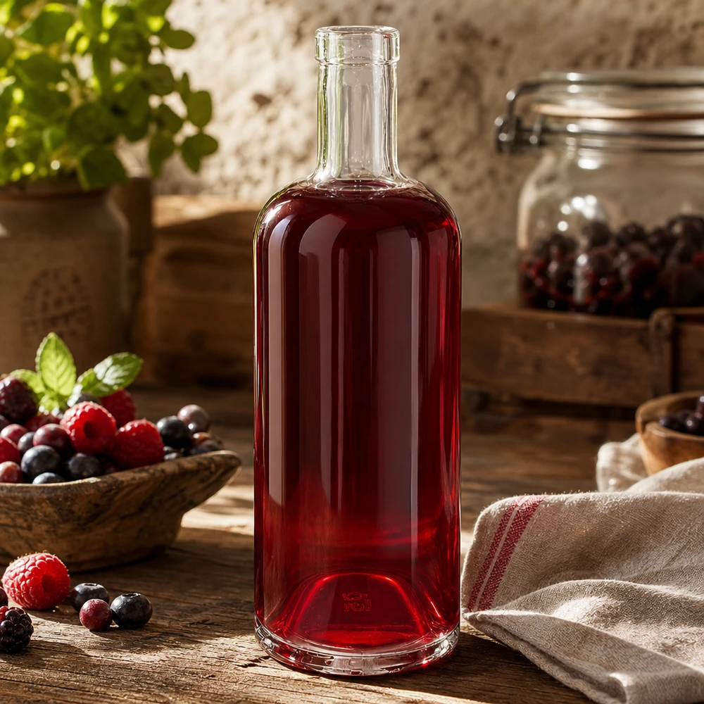 750 ml glazen fles Emma zonder sluiting UNiTWIST® 750 ml glazen fles Emma gevuld met rode bessensap omringd door verse bessen en rustieke keukendecoratie
