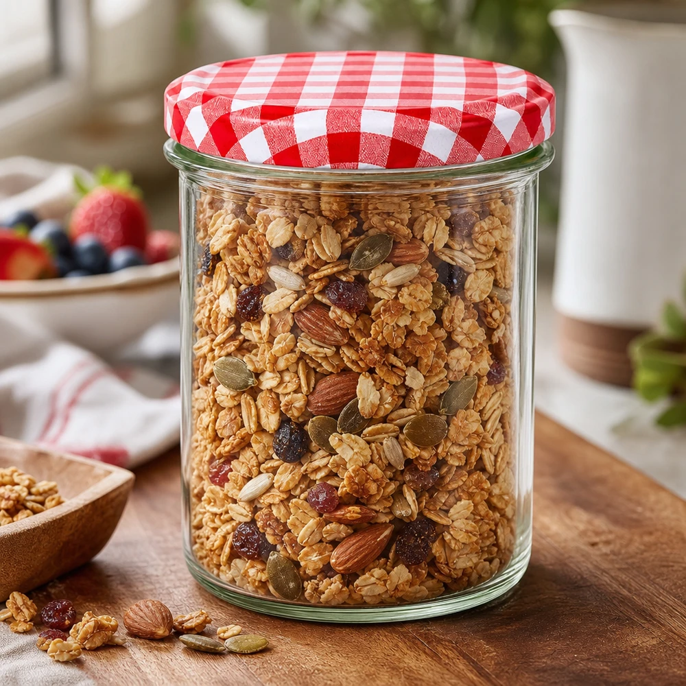 350ml bekers met BasicSeal deksel rood/wit UNiTWIST Sturzglas 350ml mit Müsli gefüllt zeigt praktische Aufbewahrung, rot-weißer Deckel schützt Lebensmittel frisch