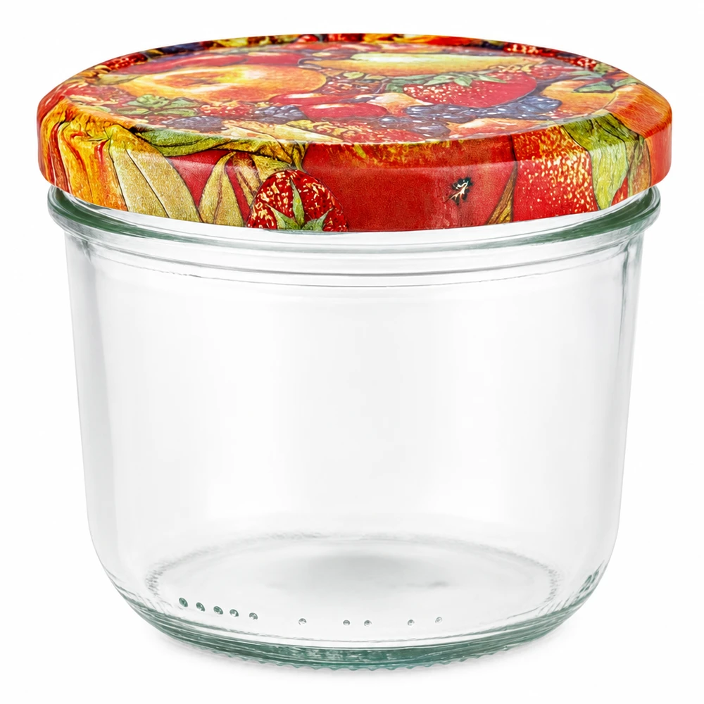 Lege 230ml mason jar met kleurrijk fruit deksel BasicSeal voor jam en conserven