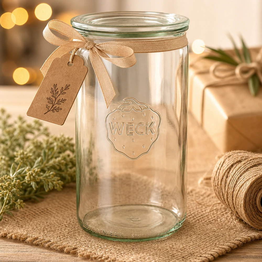 1590ml cilinderglas met glazen deksel WECK RR100 WECK cilinderpot 1590ml RR100 leeg met bruin cadeaulint en hanger versierd voor Kerstmis op een houten tafel