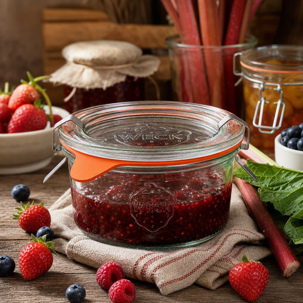 165ml stortglas compleet WECK RR80 WECK 165 ml RR80 pot gevuld met bessenjam omringd door verse aardbeien en bosbessen op een houten tafel