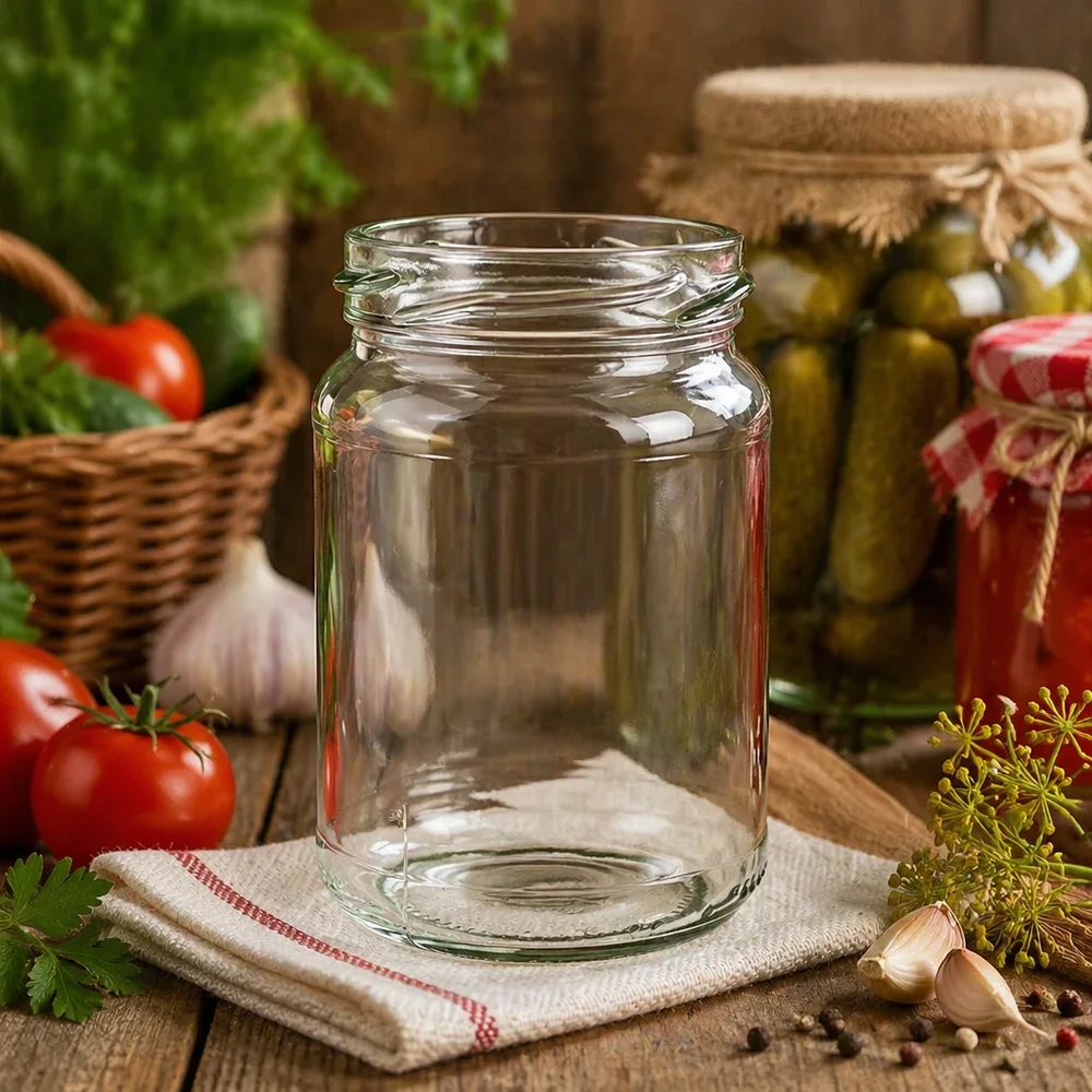 UNiTWIST Runda205 ronde pot 205ml TO58 inmaakpot leeg op keukentafel met groenten en kruiden op de achtergrond
