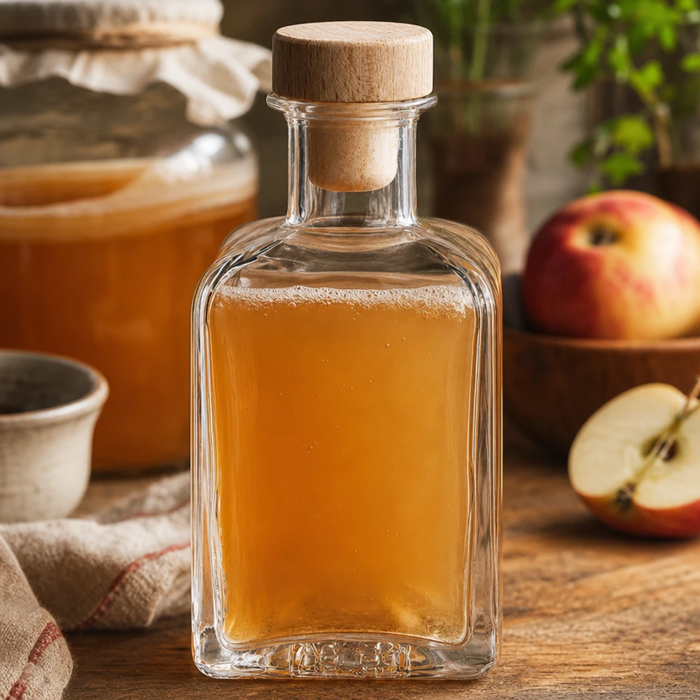200 ml Apothekersfles Clara met houten handgreepkurk UNiTWIST® 200ml glazen fles Clara gevuld met appelsap houten kurk appelschijfjes rustieke keuken natuurlijke sappen decoratieve fles