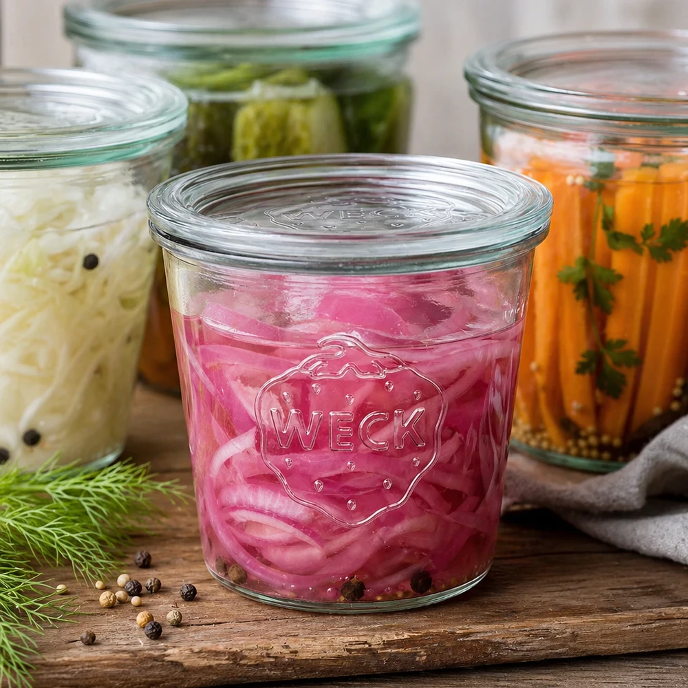 WECK RR100 glazen pot van 580 ml met glazen deksel WECK 580 ml glazen pot gevuld met ingemaakte groenten en kruiden voor fermentatie Voorbeeld naast dille