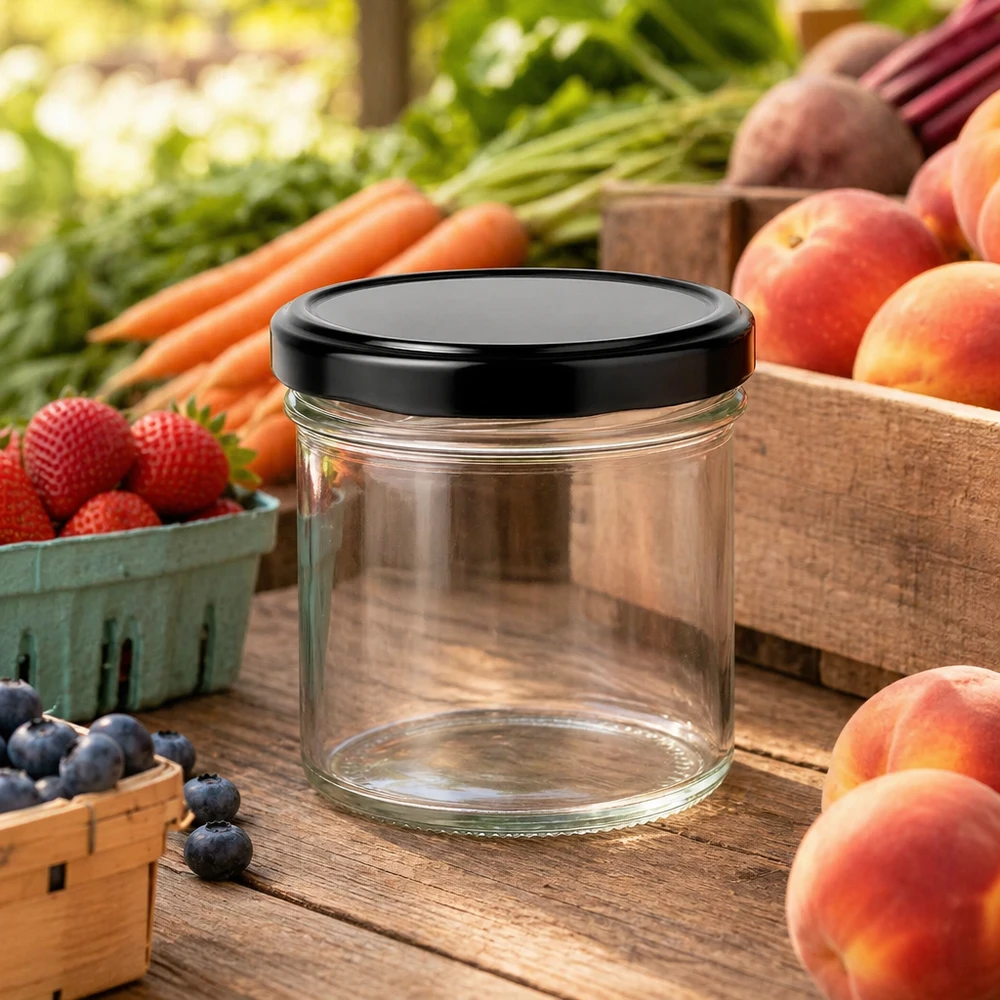 125ml bekers met BasicSeal deksel zwart UNiTWIST 125 ml bekers met zwart deksel tussen vers fruit en groenten op een houten tafel Marktkraampjesfeer