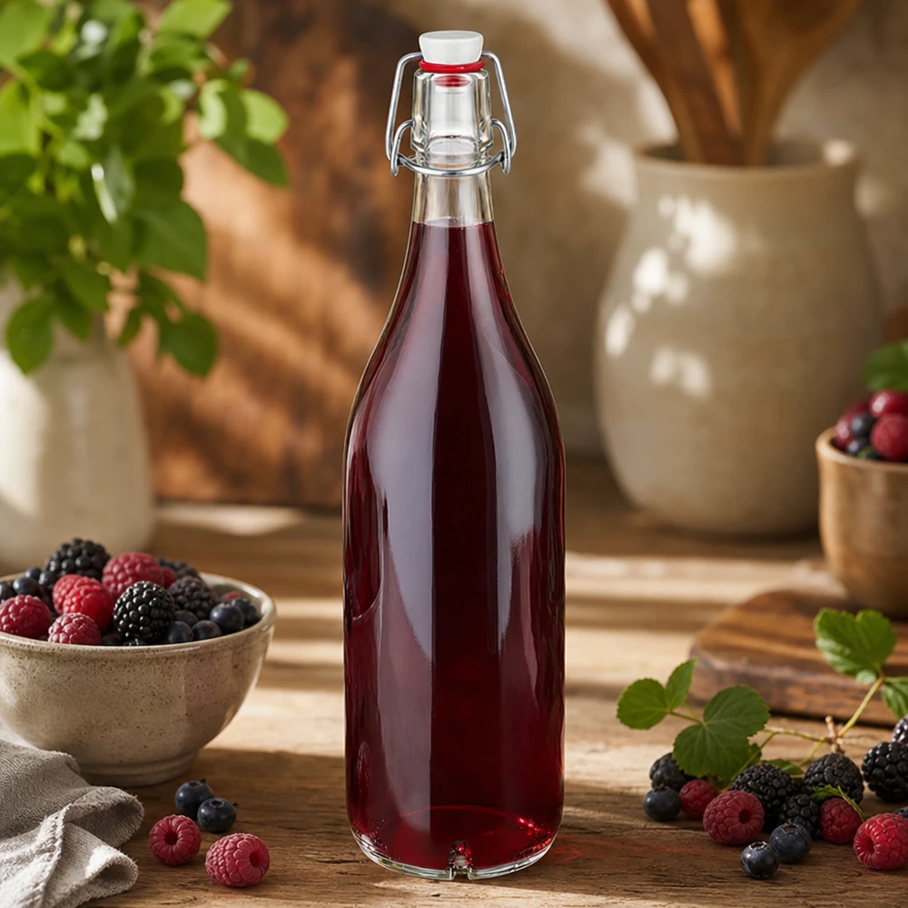 Glazen fles van 1000 ml + porseleinen slingerdop UN... 1000ml Glasflasche mit Bügelverschluss gefüllt mit Beerensaft neben frischen Himbeeren und Blaubeeren auf Holz