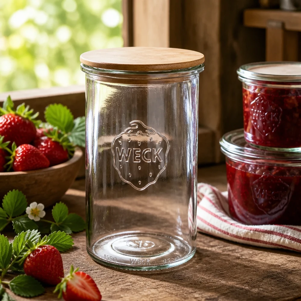 WECK voorraadpot 1000ml met houten deksel in een rustieke keuken naast zelfgemaakte aardbeienjam en verse aardbeien