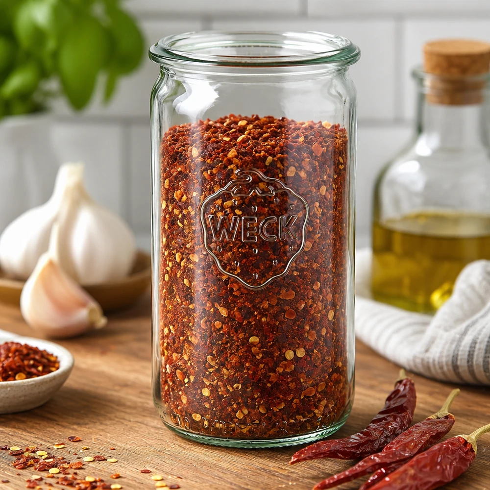 WECK cilinderpot 340ml RR60 gevuld met chilivlokken op een houten tafel met knoflook en gedroogde chilipepers