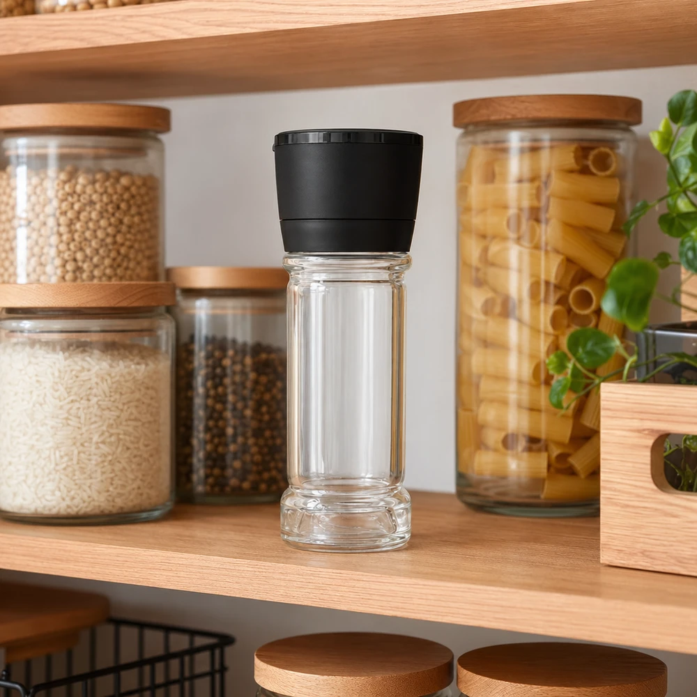 Kruidenpotje van 100 ml met zwarte Vario-molen op een houten plank tussen potjes met rijst en pasta