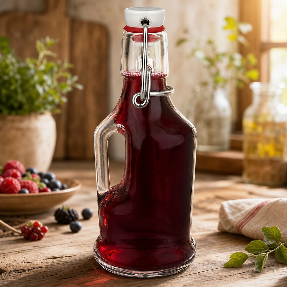 200 ml glazen fles Bertha en PVC-sluiting UNiTWIST® Glazen fles Bertha 200ml gevuld met rode bessensap, draaidop gesloten, rustieke keuken met bessen