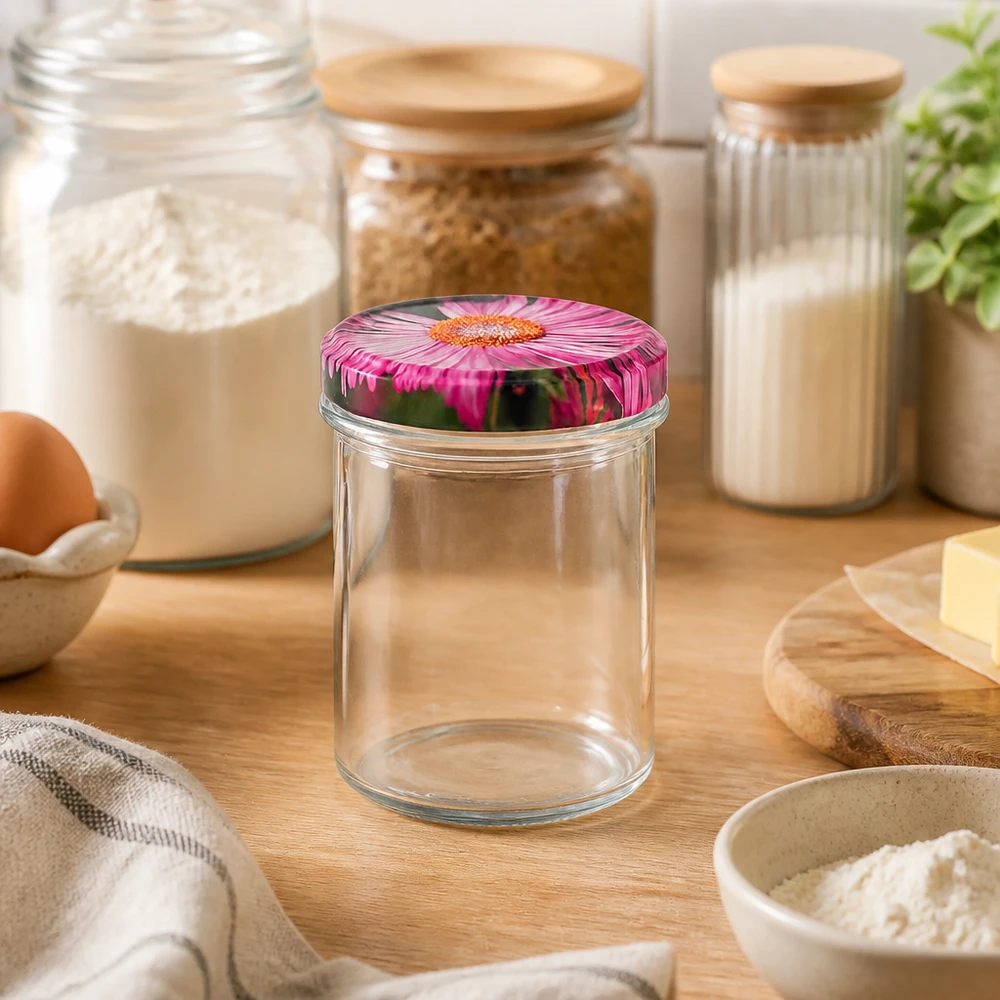 350ml bekers met BasicSeal deksel Bloemen decor UNiTWIST Lege bekers van 350 ml met BasicSeal gerberadeksels in een natuurlijke keukensfeer tussen voorraadbakjes
