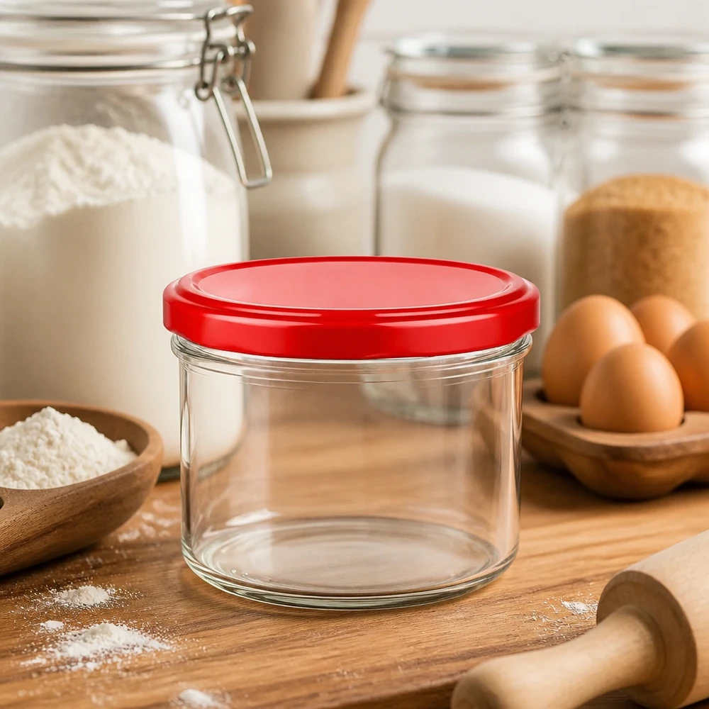 230ml cilindrische pot met BasicSeal deksel rood UNiTWIST 230 ml cilinderpot met rood BasicSeal deksel in keuken met eieren bloem en glazen potten voor bakingrediënten
