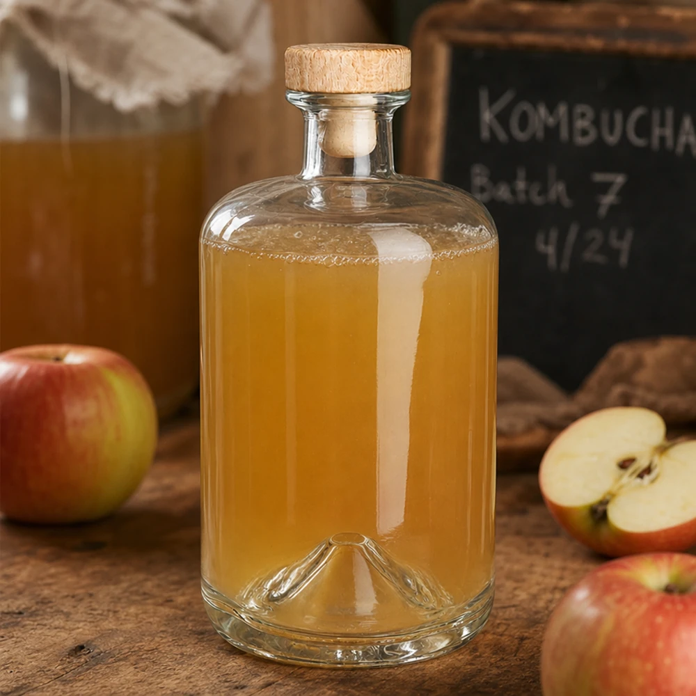 700ml Sofia glazen fles met houten kurk gevuld met appelsap naast verse appels en Kombucha bar