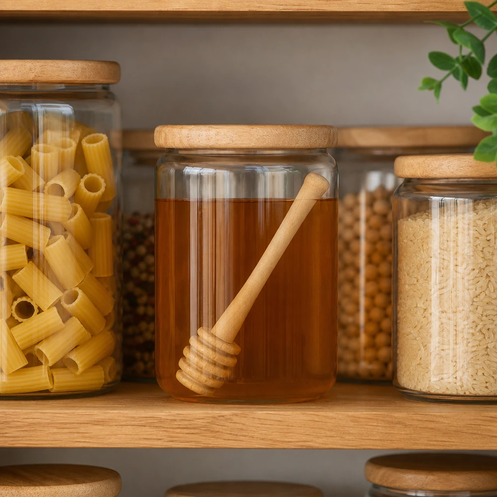 Houten honingzuiger 10,5 cm Honinglepel van esdoornhout in voorraadpot tussen pasta en rijst toont veelzijdige keukenorganisatie
