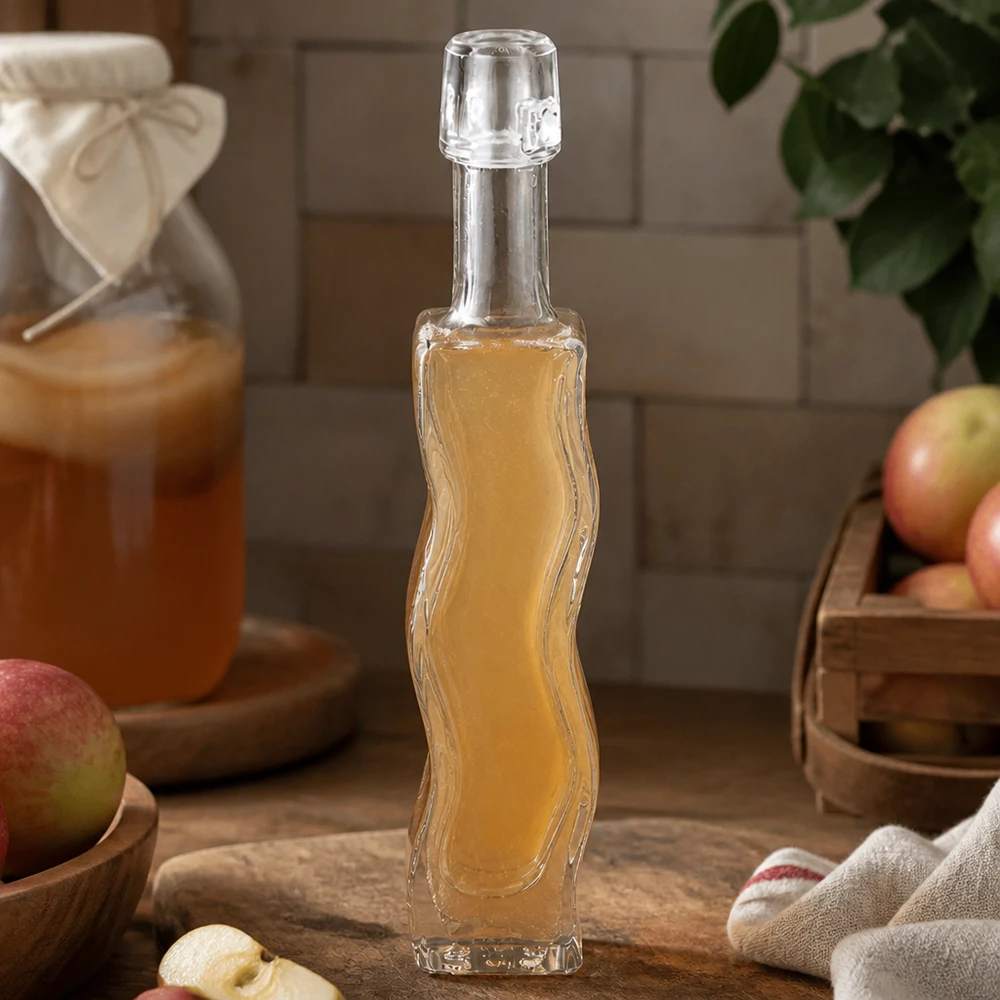 40ml glazen fles Anna gevuld met appelciderazijn rustieke keuken houten plank verse appels natuurlijke ingrediënten vinaigrette