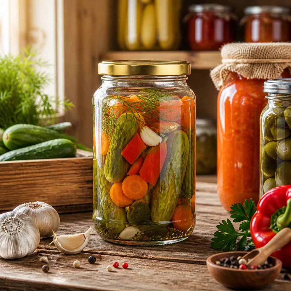 1700ml rond glas met BasicSeal deksel goud UNiTWIST 1700ml BasicSeal gouden ronde pot voor het inmaken van groenten - inmaakpot voor komkommers, paprika's en gemengde augurken