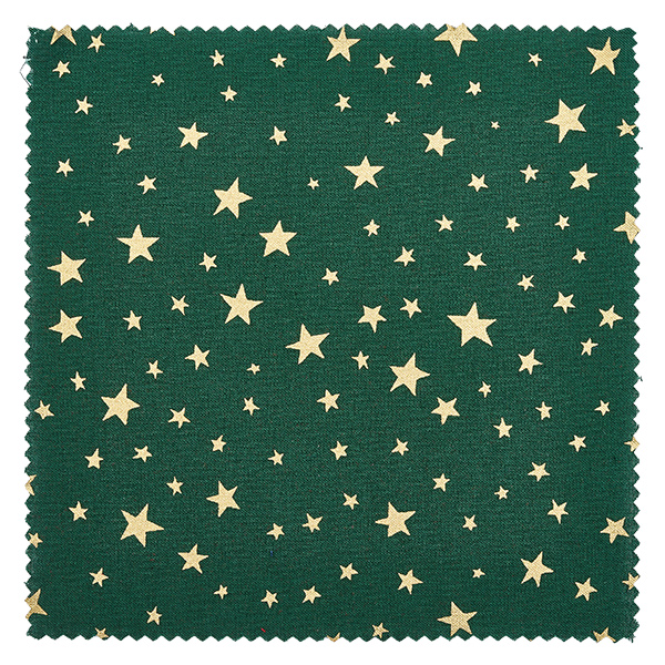 Stoffen doily sterren groen 120x120mm vierkant Close-up van groene stof met gouden sterren van verschillende grootte, decoratief doily-materiaal 12x12cm vierkant