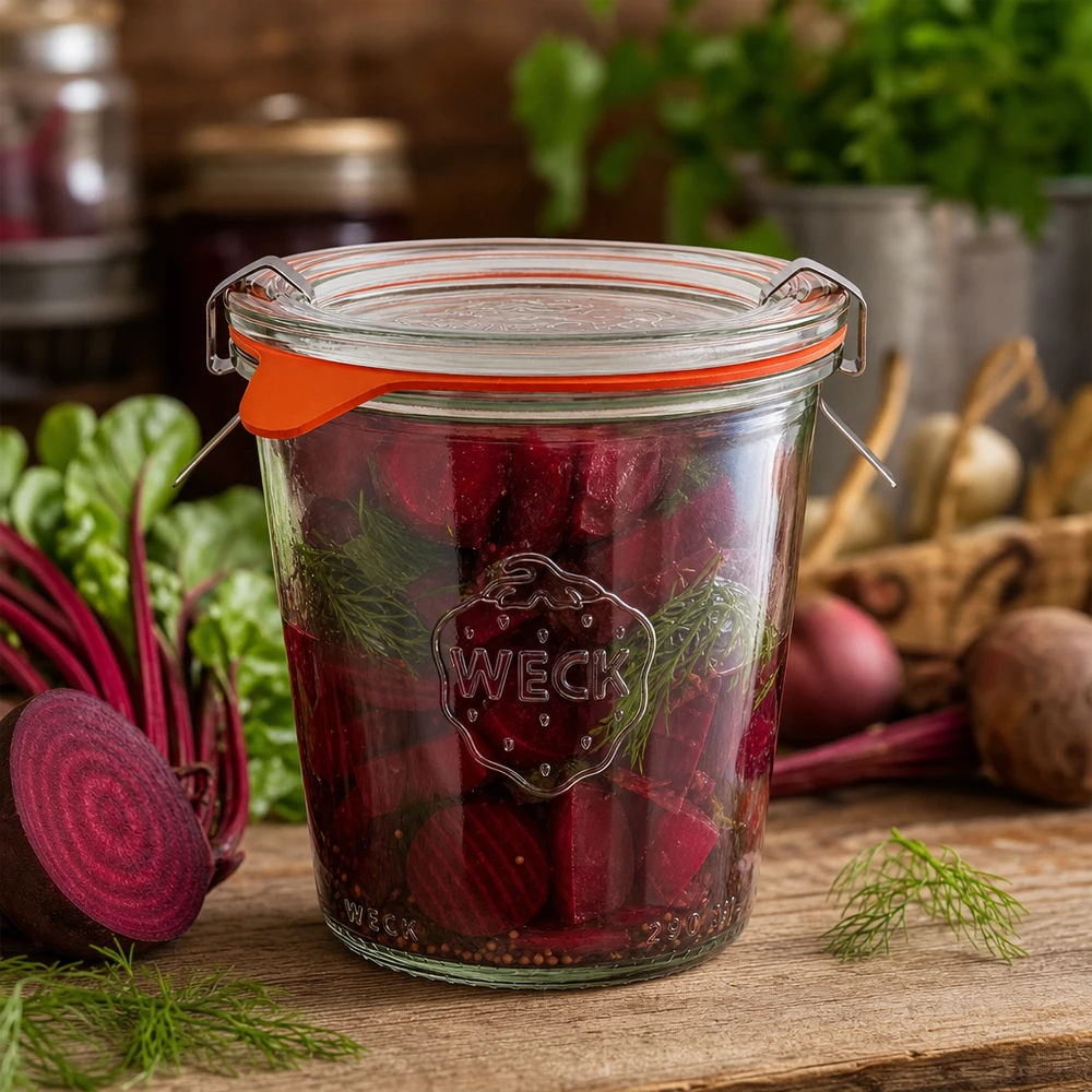 290ml stortglas hoge compleet WECK RR80 WECK inmaakpot 290ml RR80 gevuld met ingemaakte bietenschijfjes en verse dille in een rustieke keukenstijl