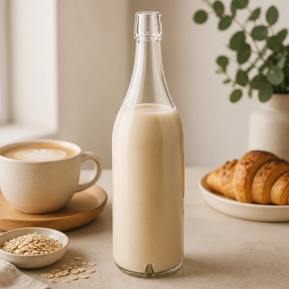 1000ml glazen fles zonder draaidop UNiTWIST Glazen fles 1000ml UNiTWIST gevuld met havermelk ontbijt tafel croissant koffie licht keuken groente