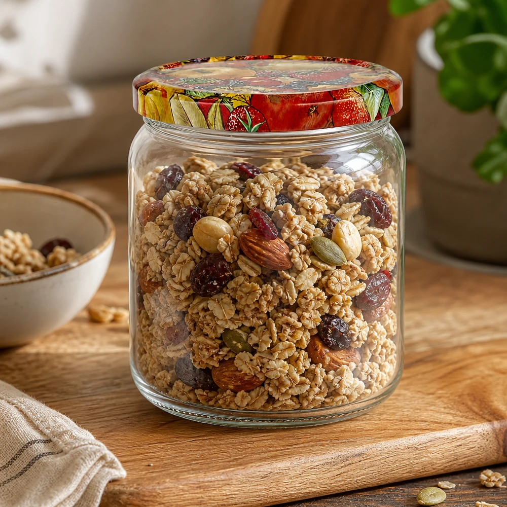 408ml rond glas met BasicSeal deksel Fruit decor UNiTWIST 408 ml ronde pot gevuld met muesli en noten toont veelzijdige opslag met BasicSeal deksel fruit decoratie