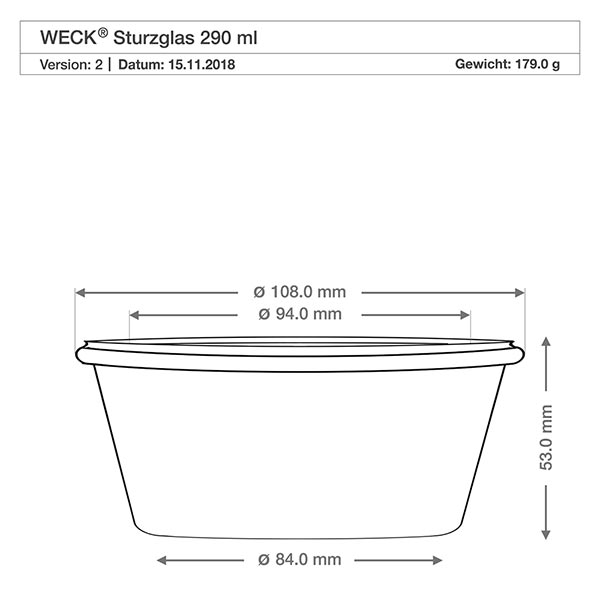 290 ml laag potje met glazen deksel WECK RR100 Technische tekening WECK beker 290ml RR100 met afmetingen, diameter 108mm, hoogte 53mm, gewicht 179g