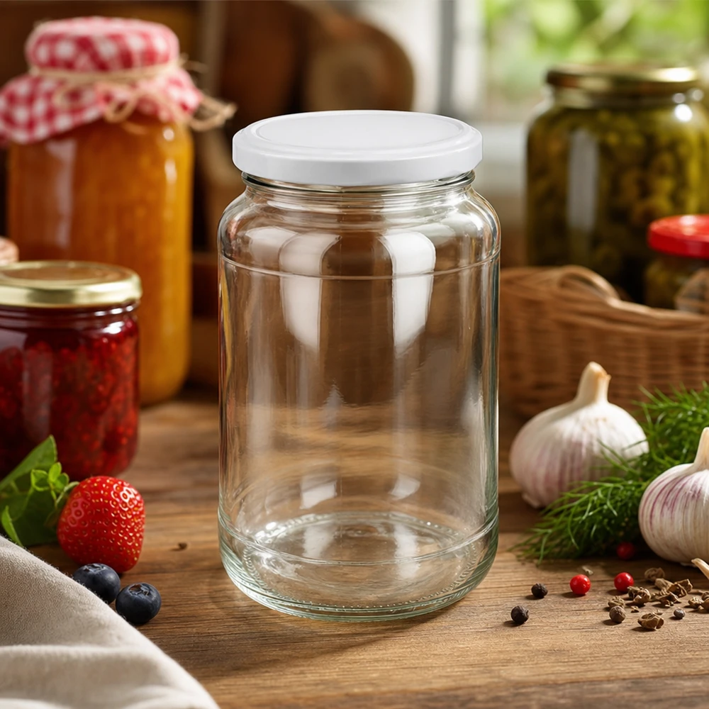 1700ml rond glas met BasicSeal deksel wit UNiTWIST 1700ml ronde pot leeg met wit BasicSeal deksel in keuken tussen jampotten en verse ingrediënten