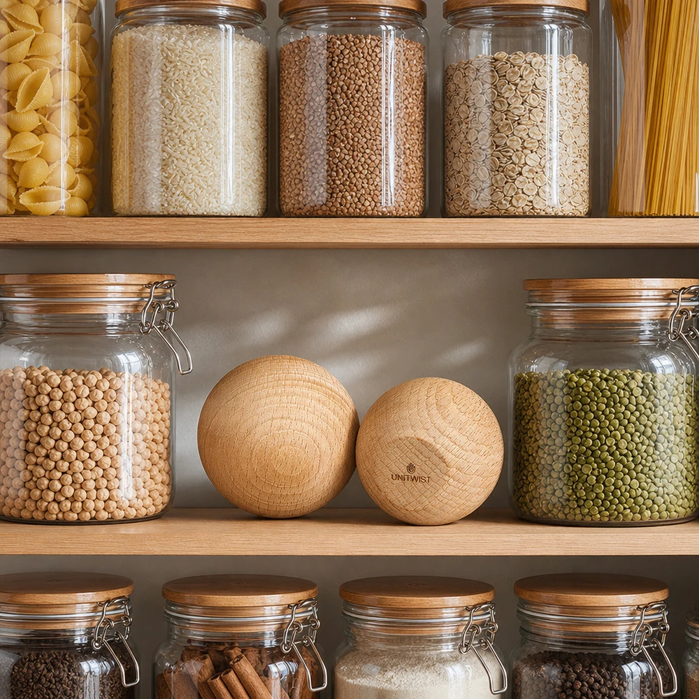 UNiTWIST Houten bal WECK RR60 UNiTWIST houten bal beuken WECK RR60 in georganiseerde opbergkeuken met inmaakpotten peulvruchten granen pasta