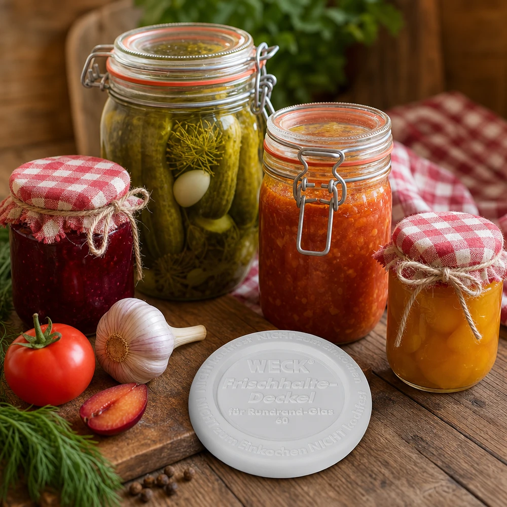 WECK vershoudend deksel RR60 WECK Frischhaltedeckel RR60 Einmachgläser mit hausgemachten Konserven Marmelade Gurken Tomaten rustikale Küche