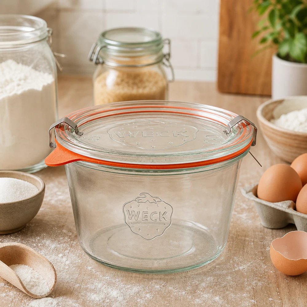 370ml stortglas compleet WECK RR100 WECK 370ml RR100 lege mason jar op keukenblad tussen bakingrediënten laat veelzijdig gebruik in bakken zien