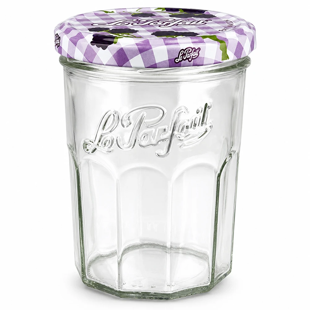 Le Parfait® Jam 385 ml Ø82 mm confituurpot Le Parfait bekers 385ml met paars geblokt schroefdeksel voor jam en conserven gemaakt van helder glas