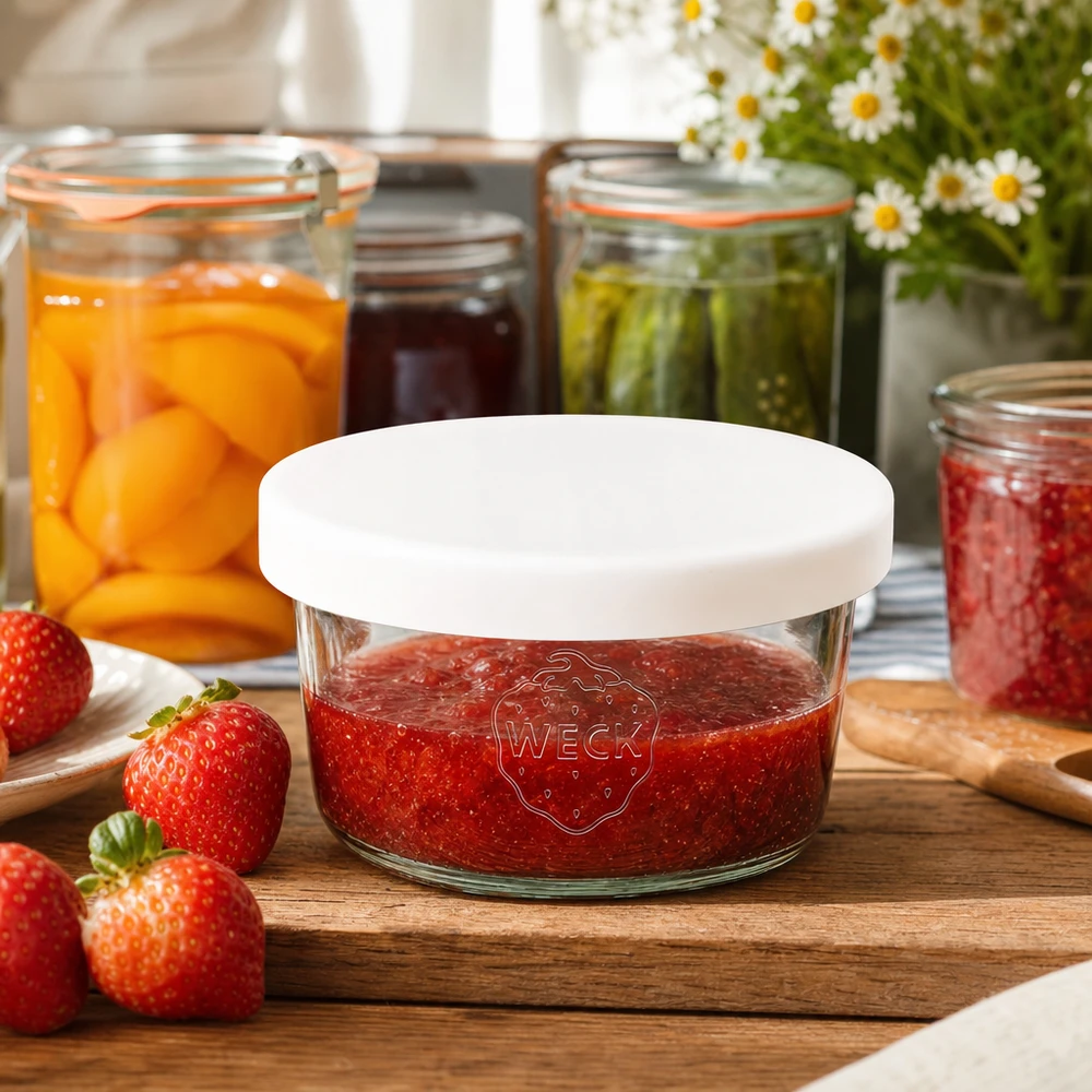 WECK 165 ml mason jar met wit siliconen deksel gevuld met aardbeienjam naast verse aardbeien op een houten plank