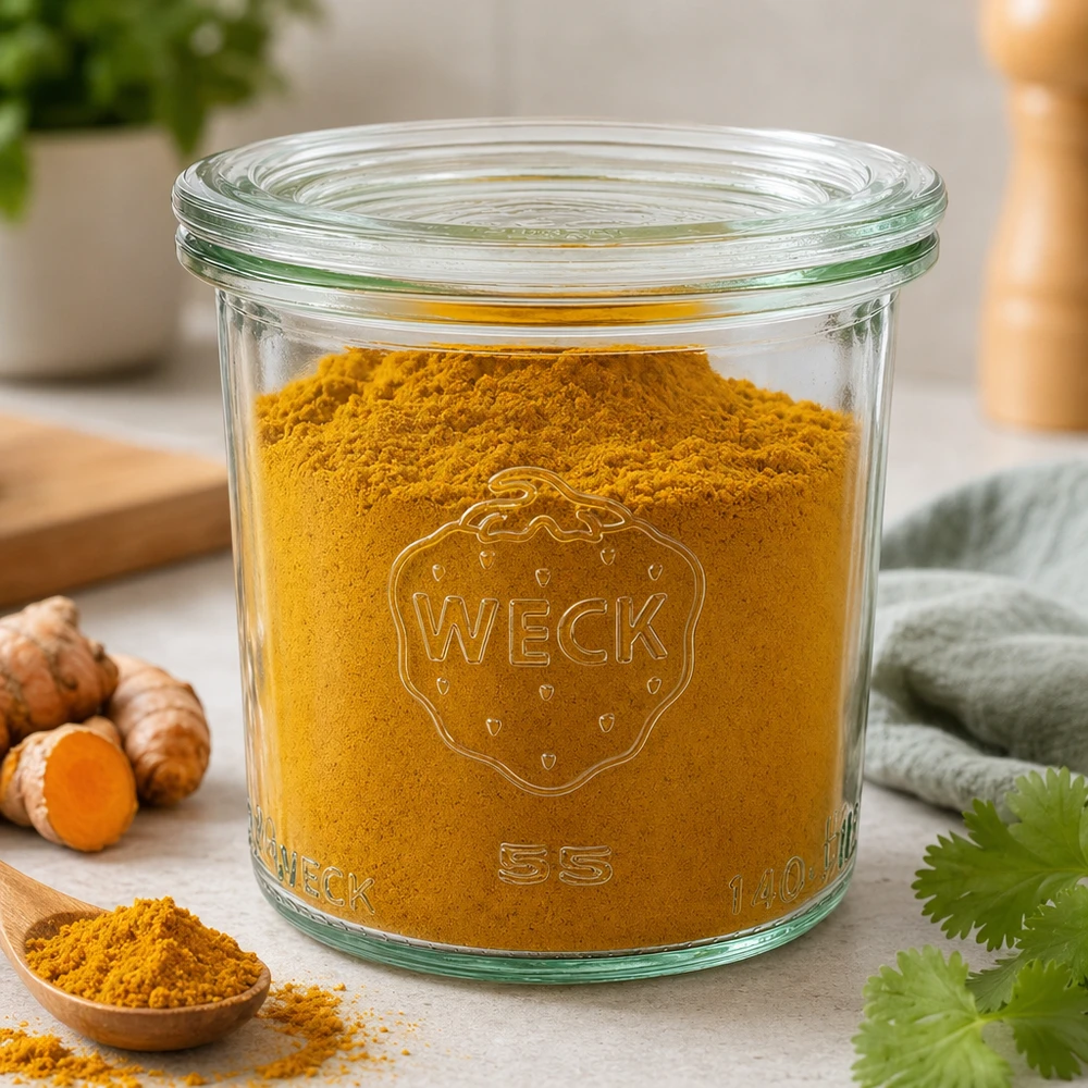 Glazen pot van 140 ml met glazen deksel WECK RR60 WECK Sturzglas 140ml RR60 mit Kurkumapulver gefüllt zeigt Verwendung als Gewürzglas neben frischem Kurkuma