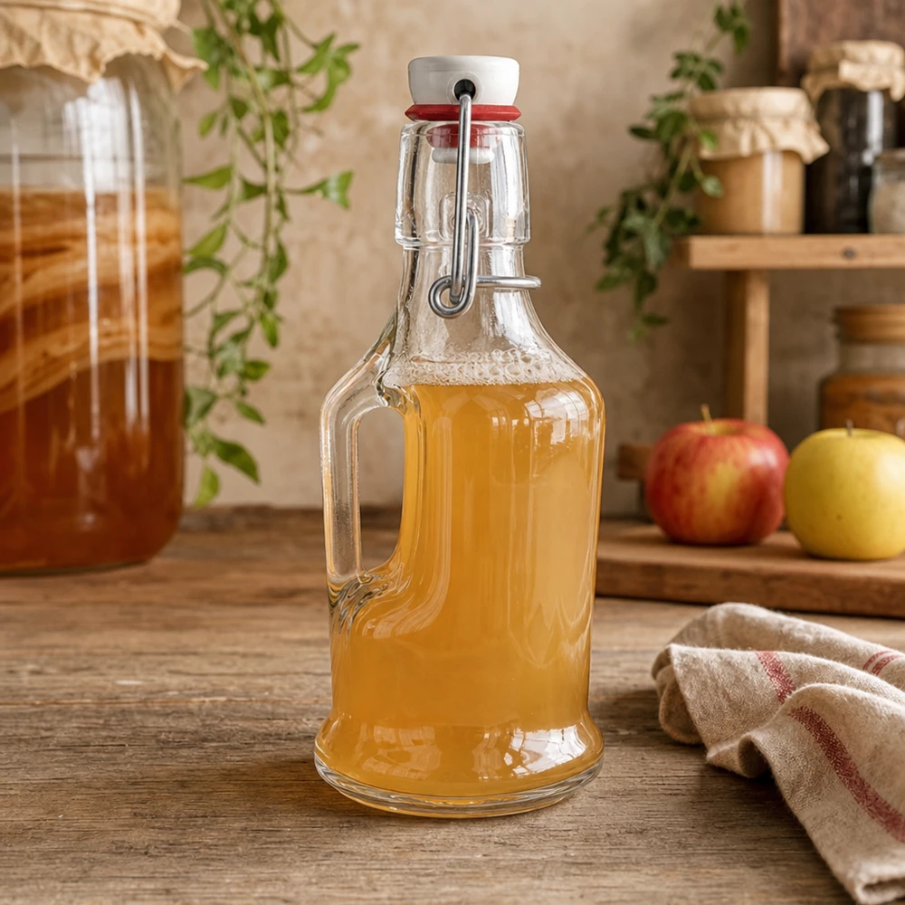 200 ml glazen fles Bertha en porseleinen beugelsluiting UNiTWIST® UNiTW glazen fles Bertha 200ml gevuld met appelsap in rustieke keuken naast appels swing top detail
