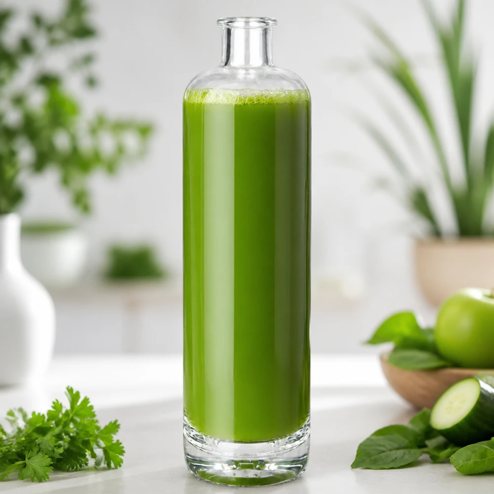 700 ml glazen fles Ella zonder sluiting UNiTWIST® 700 ml glazen fles van Ella gevuld met groene smoothie in keuken versierd met verse kruiden en groenten