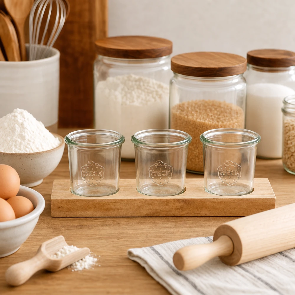 Lege WECK potjes 140ml op houten plank Plano3 in keuken met bakingrediënten bloem eieren en deegroller om te bakken