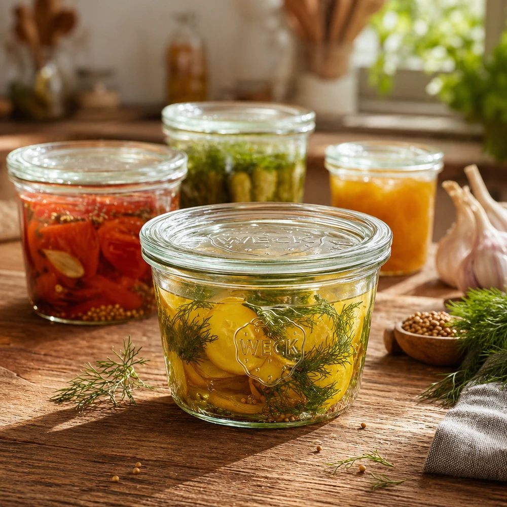 WECK RR100-pot van 370 ml met glazen deksel WECK 370ml RR100 pot gevuld met ingemaakte augurken en dille naast andere inmaakpotten op een houten tafel