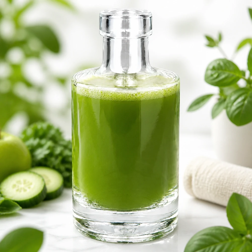 200 ml glazen fles Marie zonder sluiting UNiTWIST® 200ml glazen fles Marie gevuld met groene smoothie omringd door komkommers en planten gezonde voeding levensstijl
