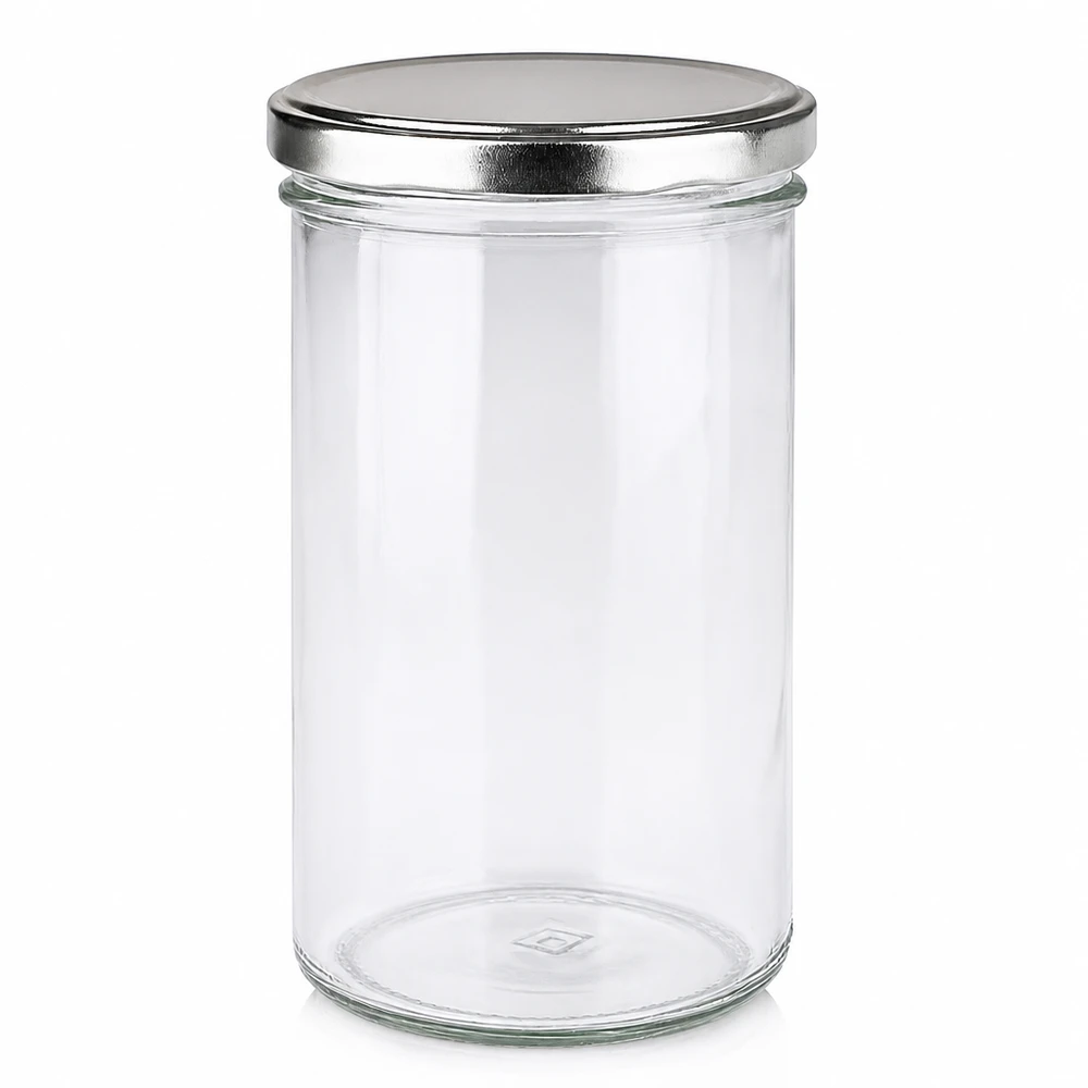 277ml bekers met BasicSeal deksel zilver UNiTWIST 277ml mason pot met zilveren BasicSeal deksel leeg op witte achtergrond Inmaakpot Voorraadpot
