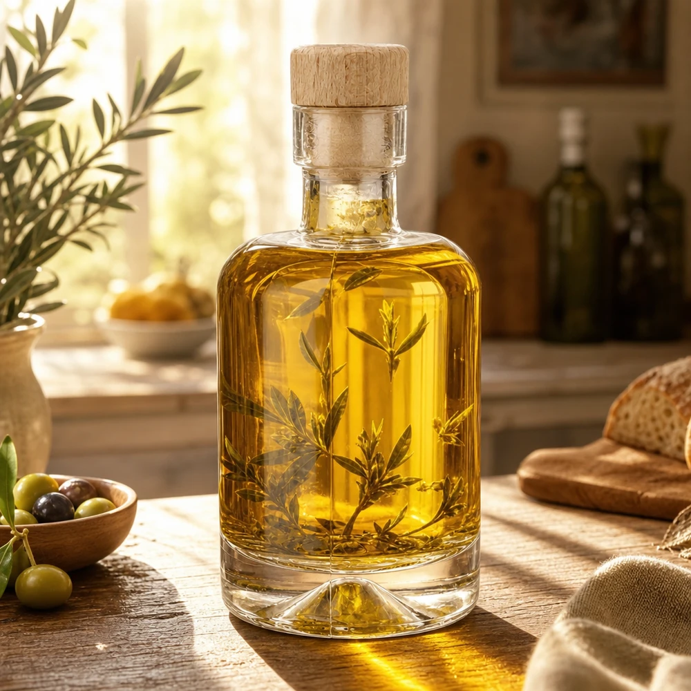 50 ml glazen fles Amelie met houten handgreep UNiTWIST 50ml glazen fles Amelie gevuld met olijfolie en kruiden in een mediterrane keuken met olijven en brood