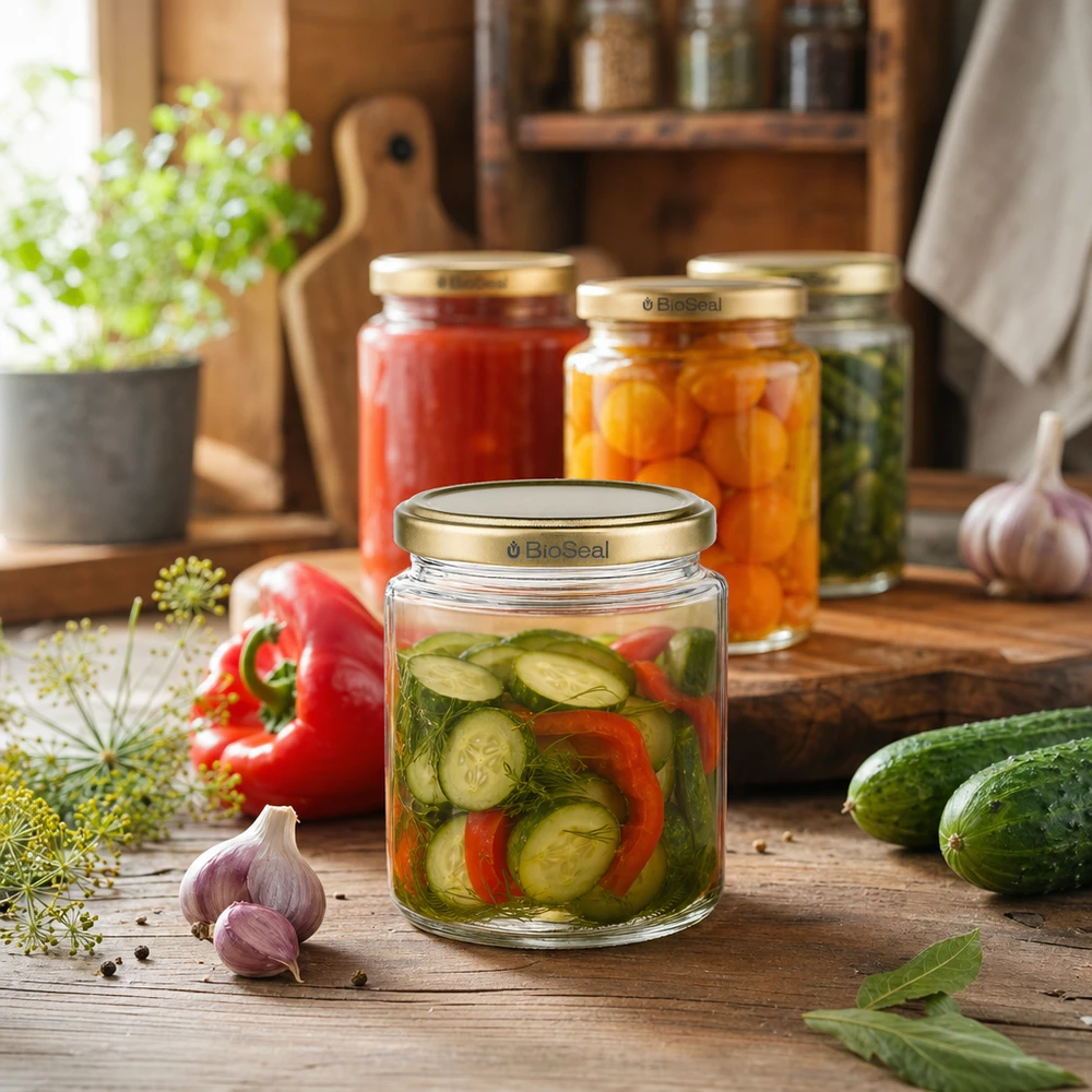 Honingpot 350 g met gouden BioSeal UNiTWIST-deksel BioSeal honingpot 250 ml als inmaakpot voor ingemaakte komkommers en groenten, veelzijdig gouden UNiTWIST deksel
