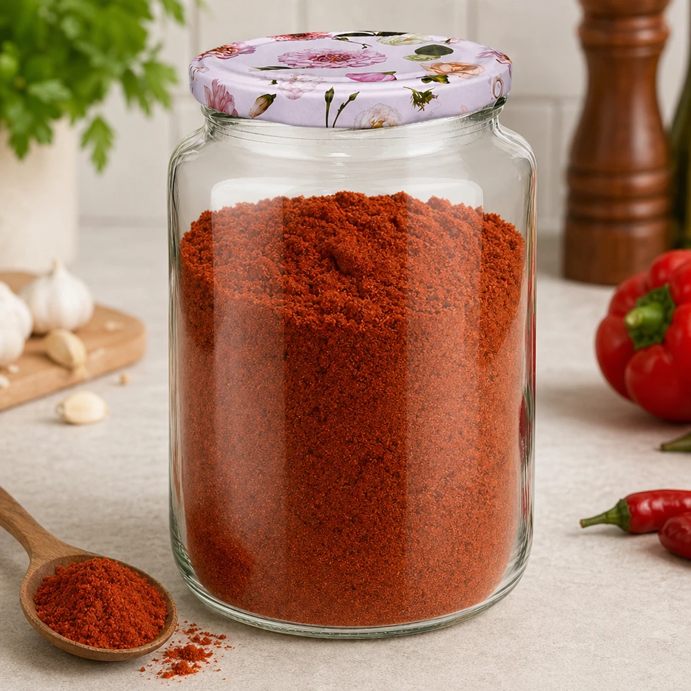 Ronde pot van 795 ml + BasicSeal-deksel met roze bloem UNiTWIST 795ml ronde pot gevuld met rode paprikapoeder BasicSeal deksel roze bloemenpatroon kruiden voorraadpot keuken